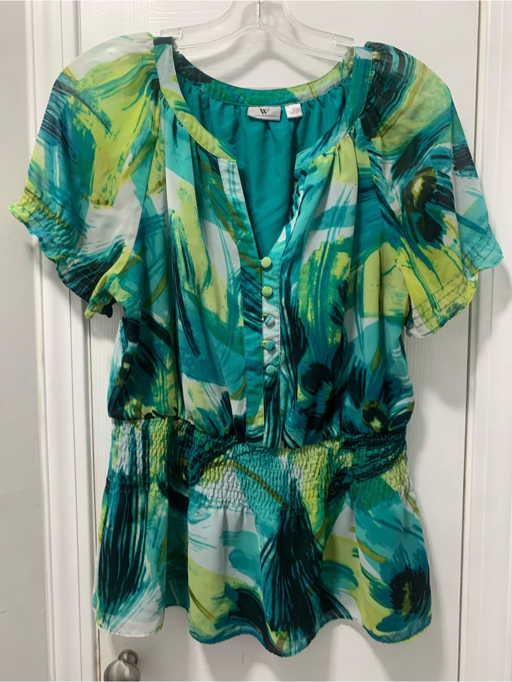 Worthington Teal and Lime Abstract Print Blouse